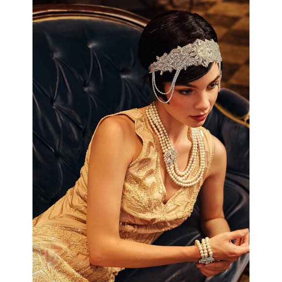 1920s Flapper Headpiece Vintage Rhinestone Bead Headband for Women - Picture 4 of 7
